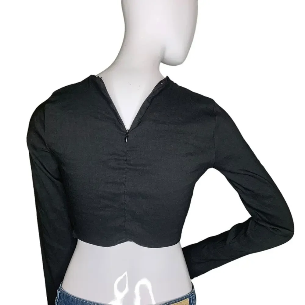 Zara Crop Top Long Sleeve Black Size M V-Neck Two Hidden Zippers